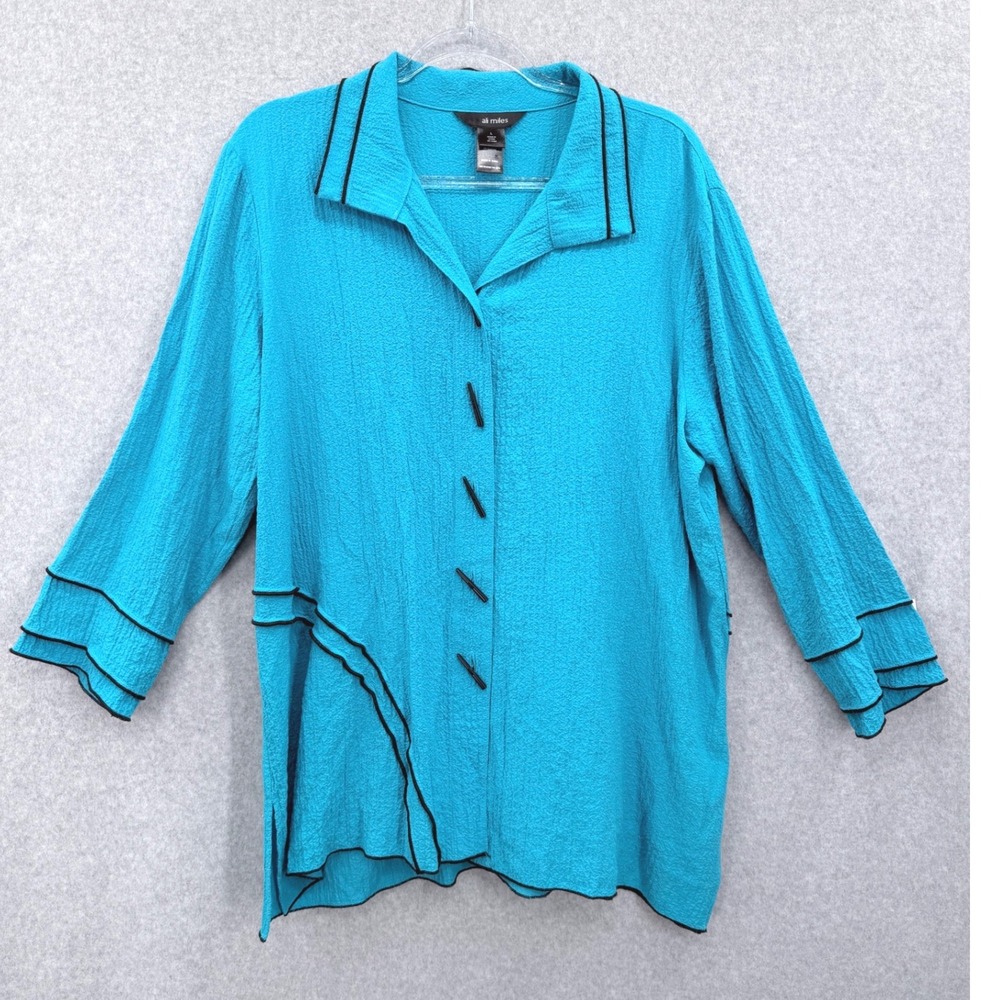 Ali Miles Blouse Women L Teal Blue Textured Toggle Button 3/4 Sleeve Asymmetric